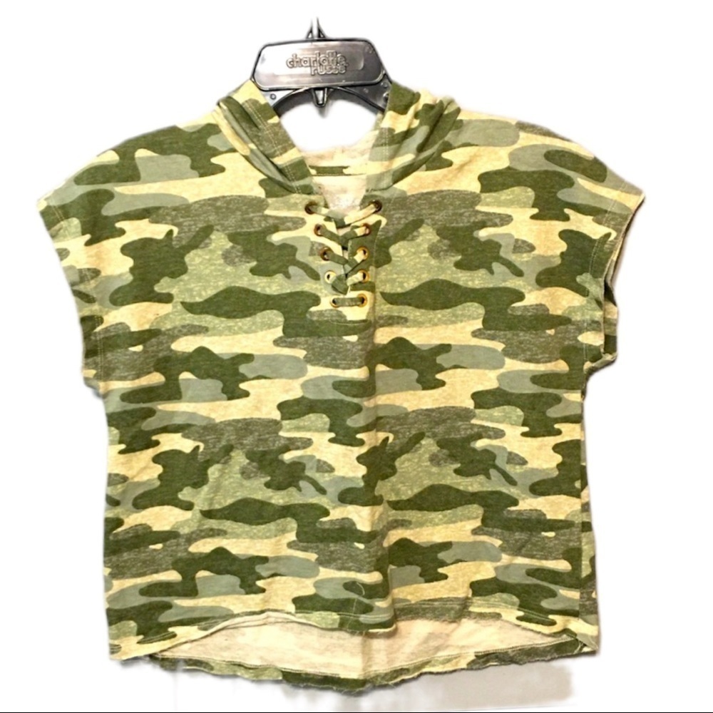 Justice Sleeveless Lace-Up Hooded Cropped Top Green Camo Tween Plus-Size 18/20